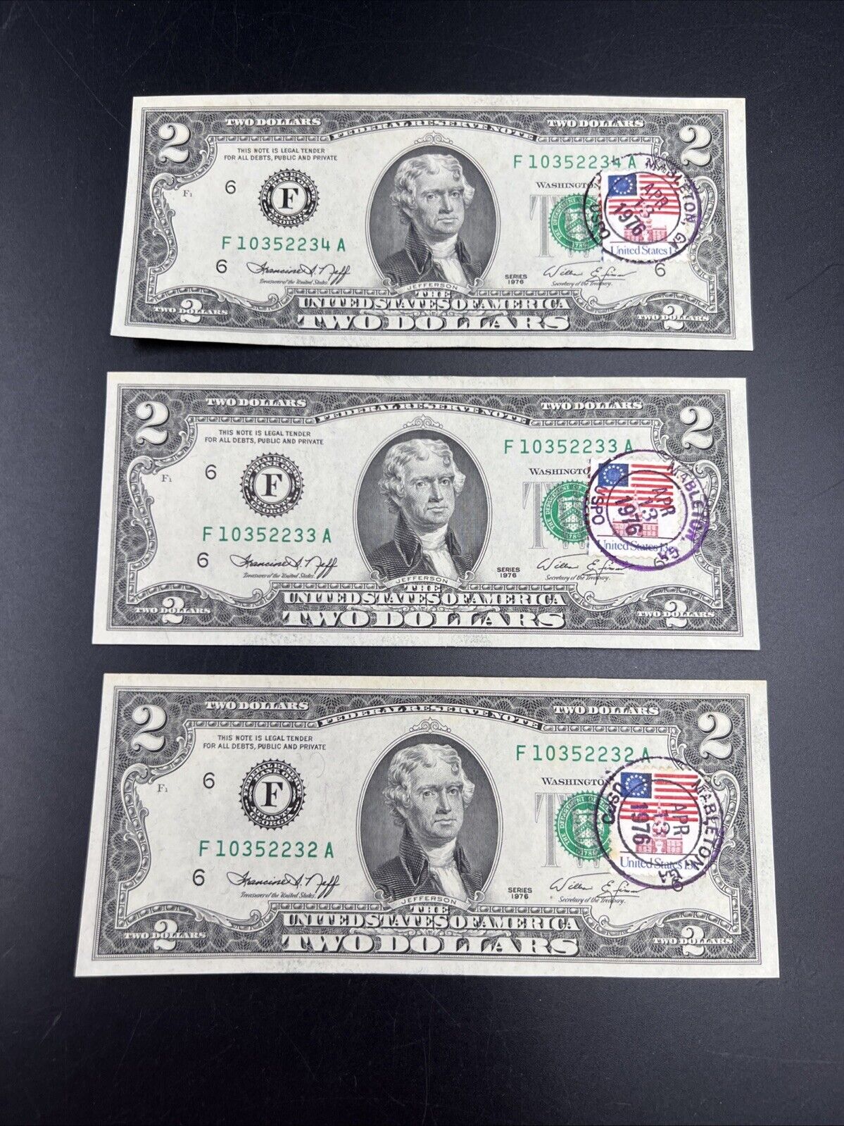 3 Consecutive 1976 Bicentennial Postal FRN Federal Reserve Notes UNC Mableton GA