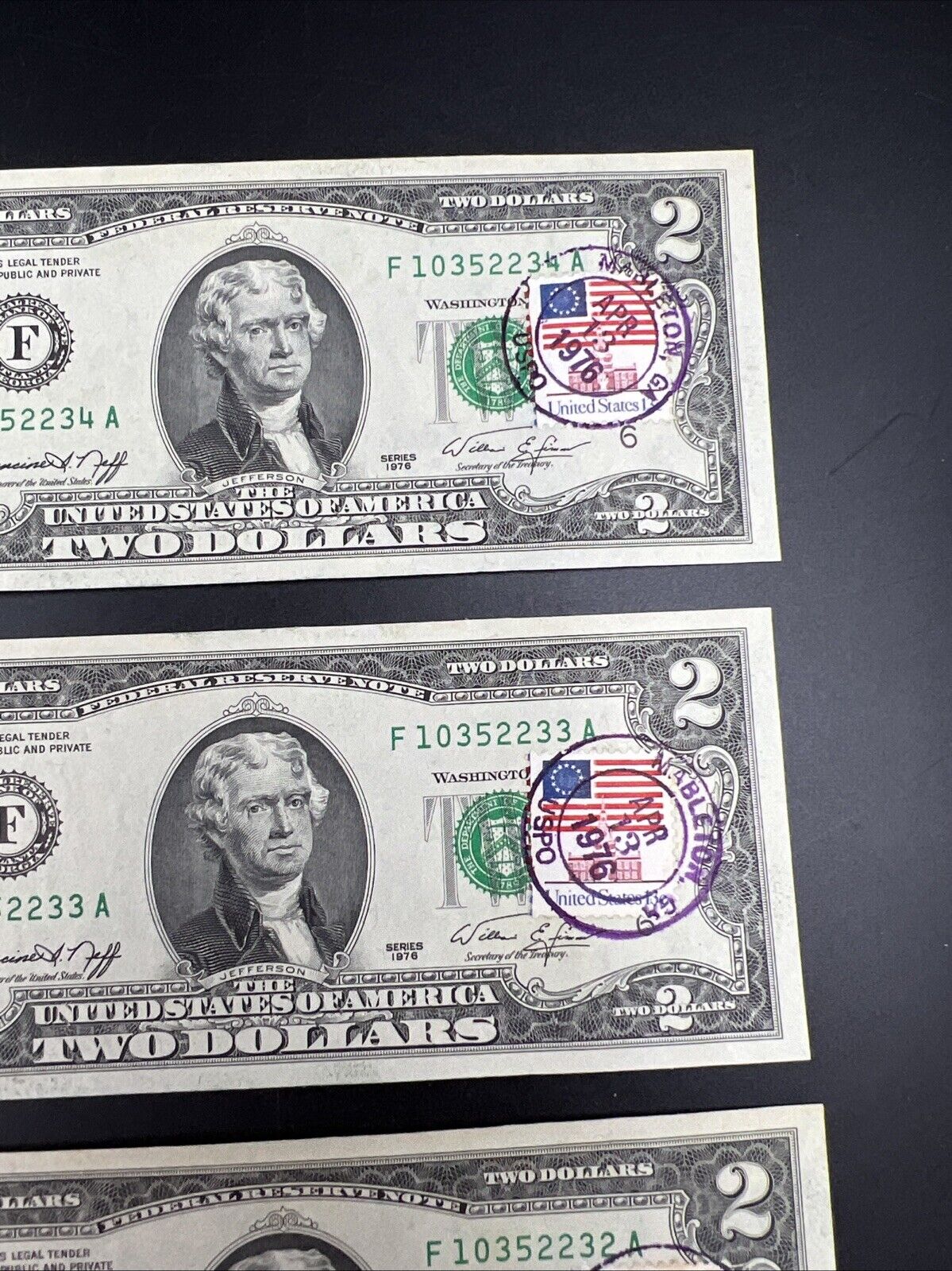 3 Consecutive 1976 Bicentennial Postal FRN Federal Reserve Notes UNC Mableton GA