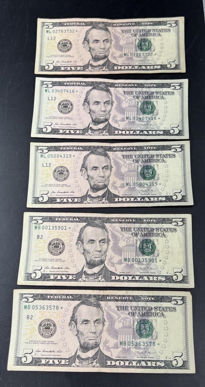 Lot of 5 2013 * Star $5 FRN Federal Reserve Notes Circulated #578