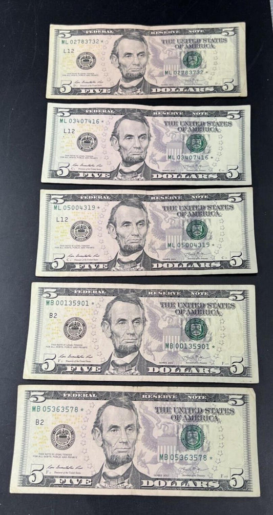 Lot of 5 2013 * Star $5 FRN Federal Reserve Notes Circulated #578