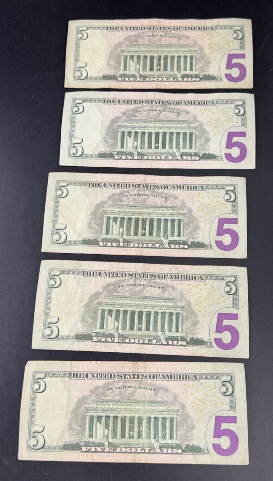 Lot of 5 2013 * Star $5 FRN Federal Reserve Notes Circulated #578