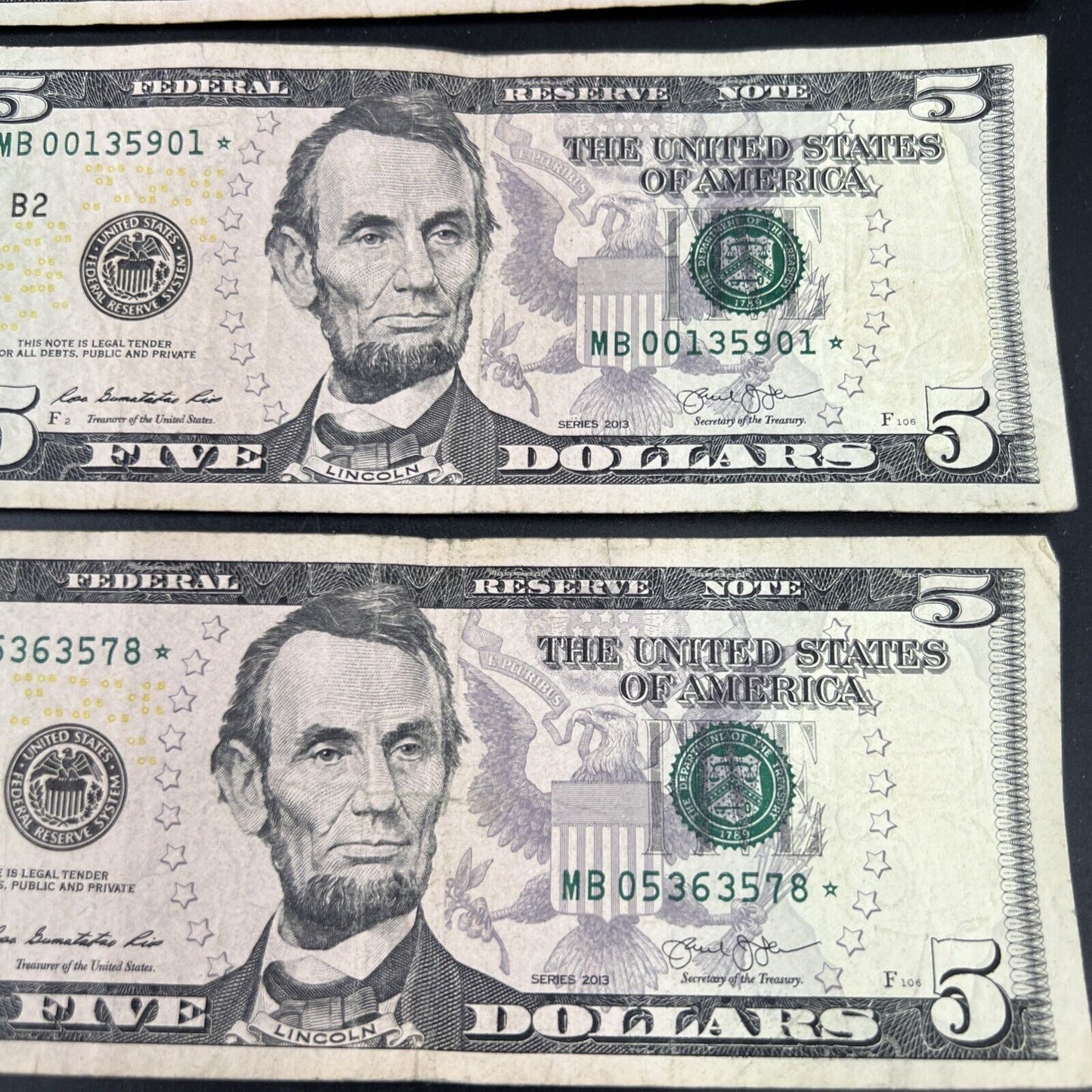 Lot of 5 2013 * Star $5 FRN Federal Reserve Notes Circulated #578