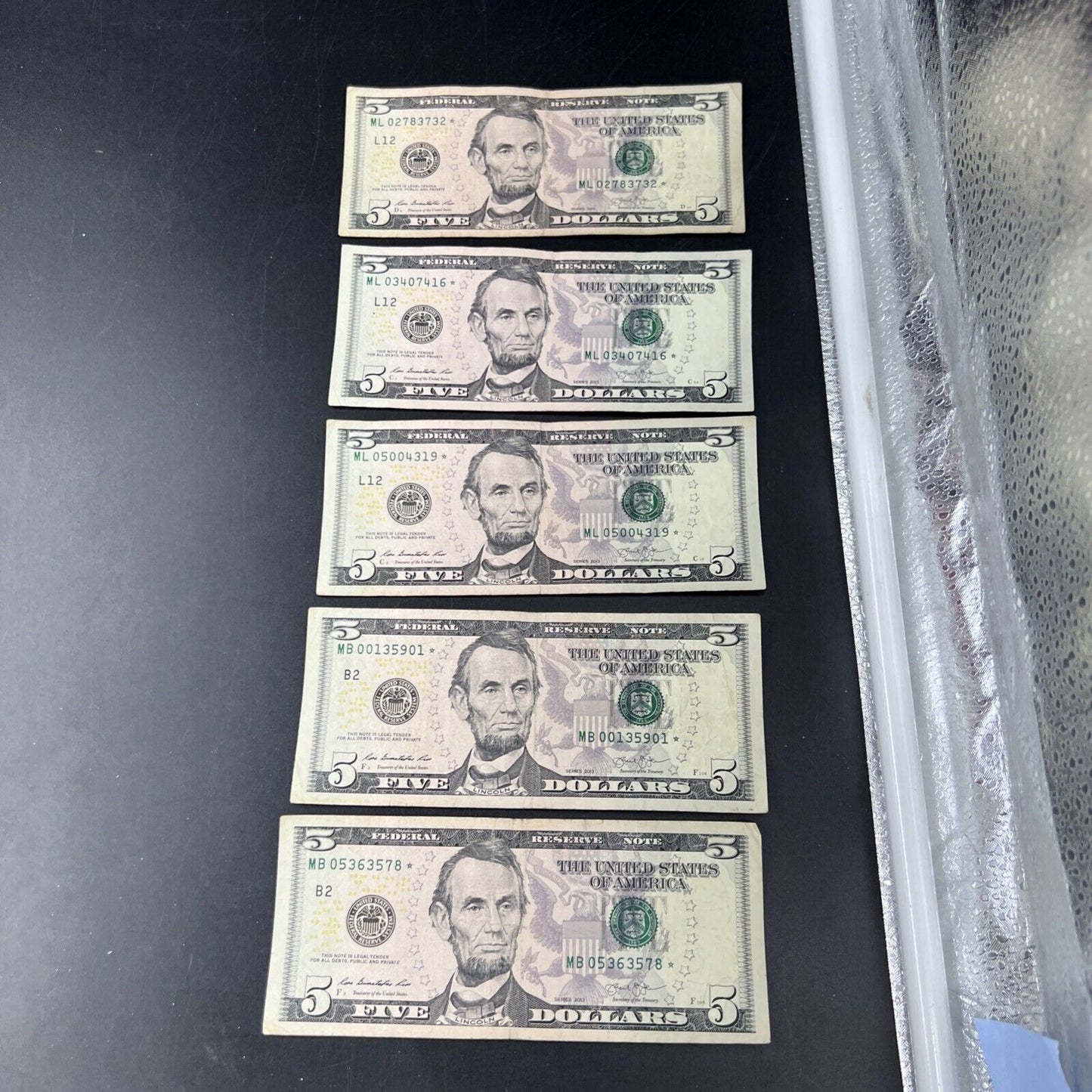 Lot of 5 2013 * Star $5 FRN Federal Reserve Notes Circulated #578