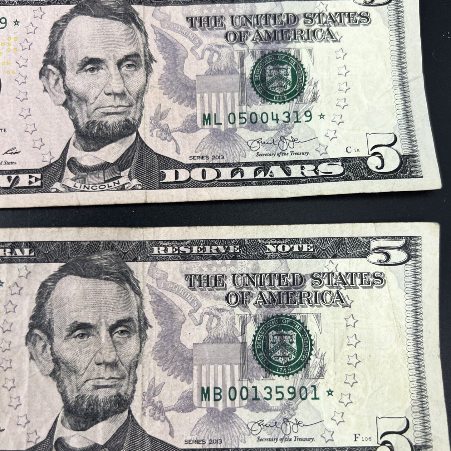 Lot of 5 2013 * Star $5 FRN Federal Reserve Notes Circulated #578