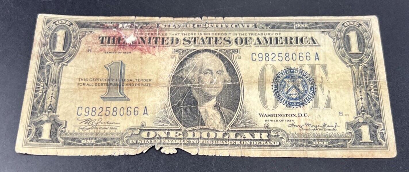 1934 $1 One Dollar Silver Certificate Funny back Note Ugly Damaged Cull Very Cir