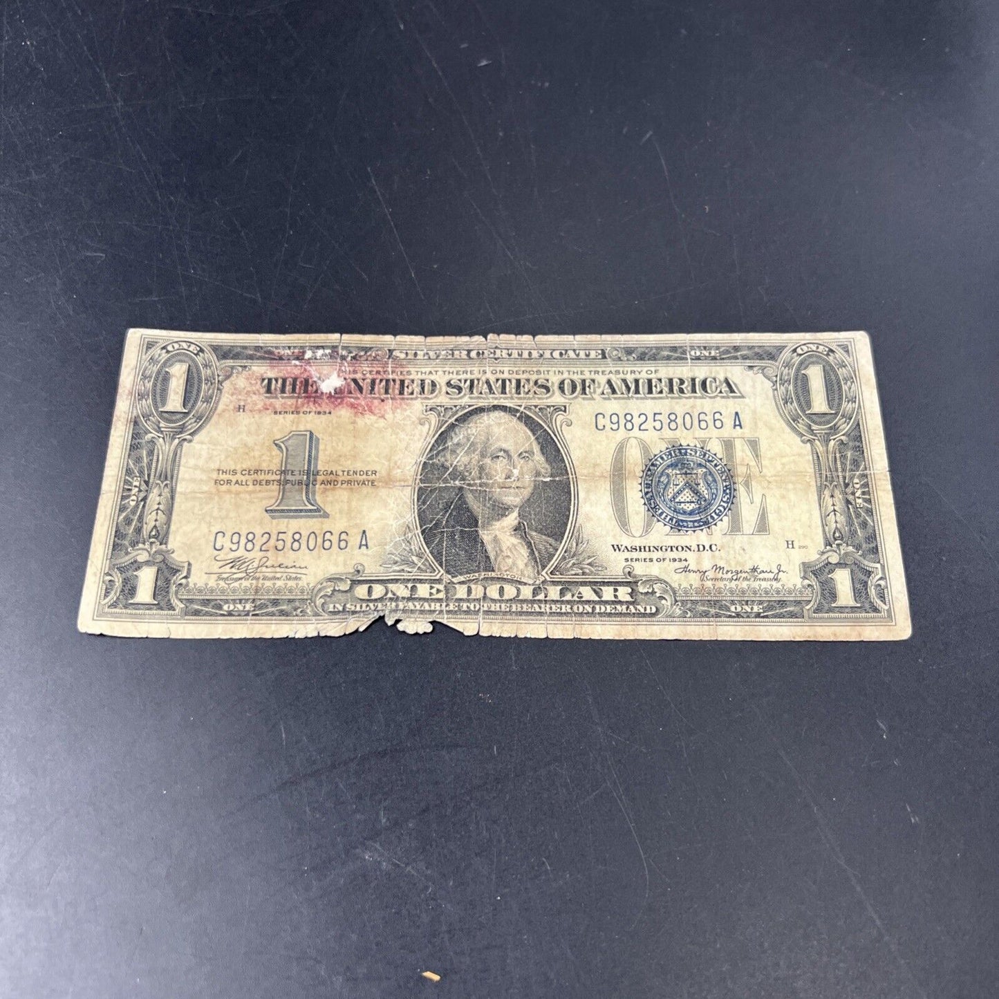 1934 $1 One Dollar Silver Certificate Funny back Note Ugly Damaged Cull Very Cir