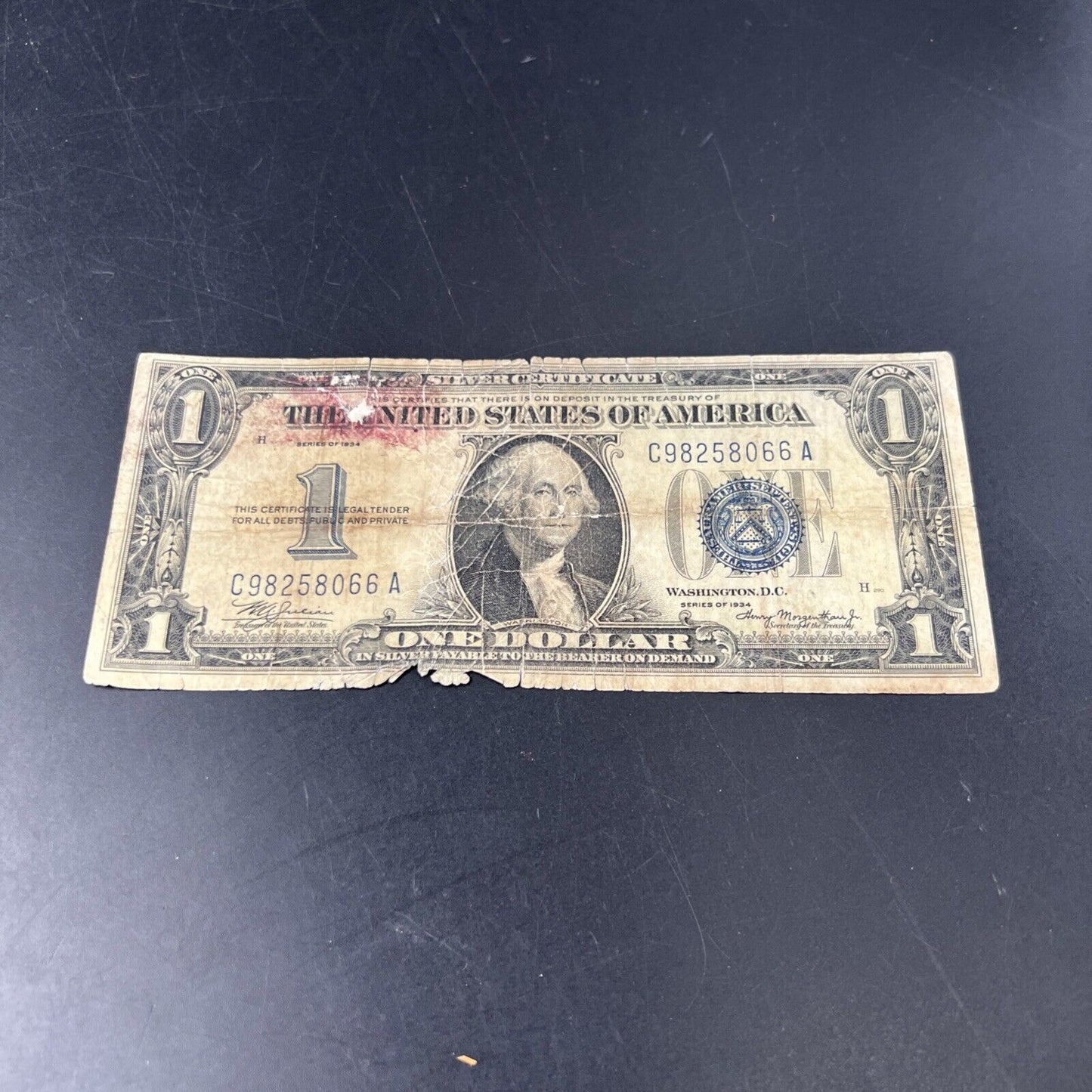 1934 $1 One Dollar Silver Certificate Funny back Note Ugly Damaged Cull Very Cir