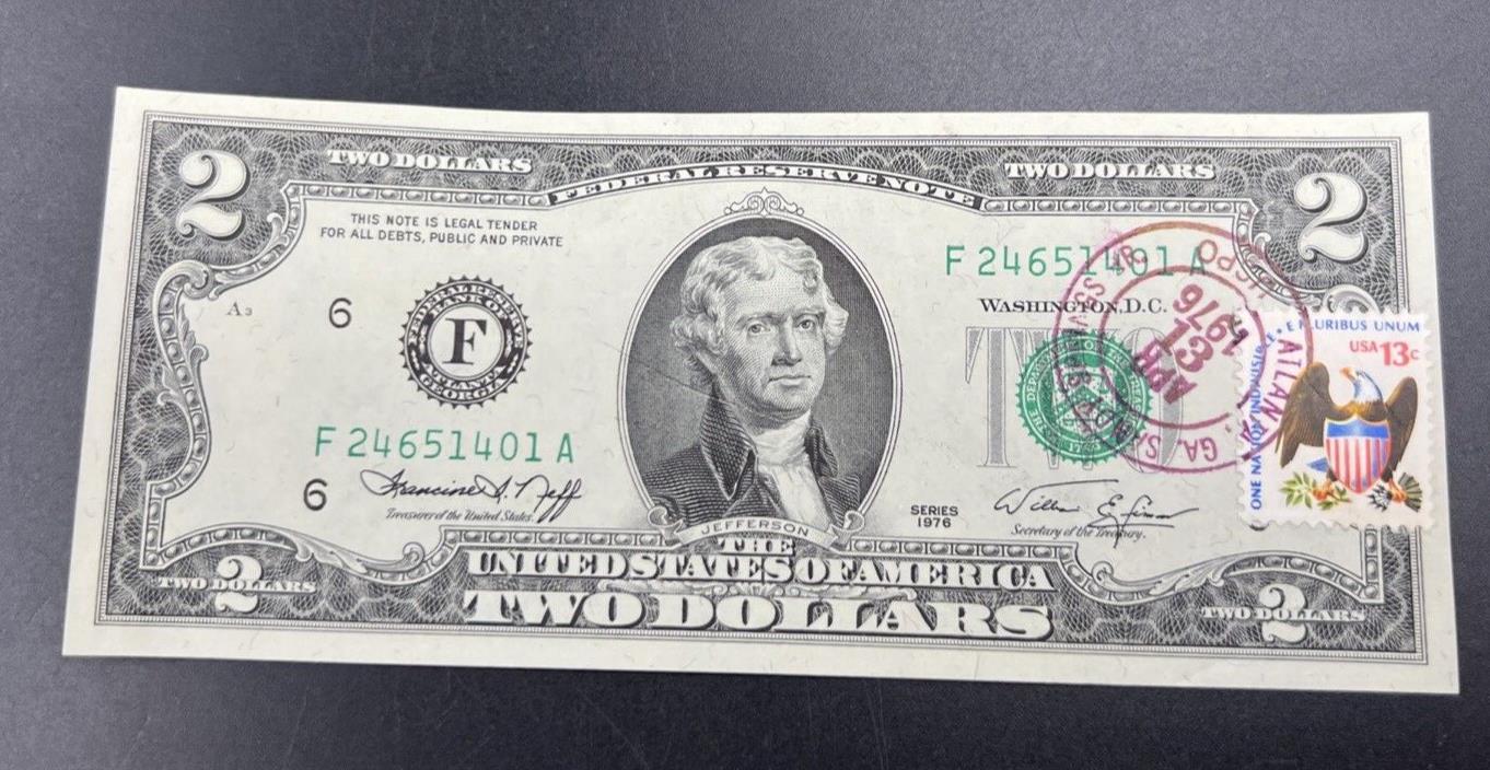 1976 $2 FRN Ink Error Portrait Obverse Postal Note UNC Atlanta Sandy Springs GA