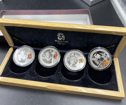 4 Coin 1 Oz Silver 2008 Beijing Olympics Colorized 10 Yuan Coin Set w/ Box COA