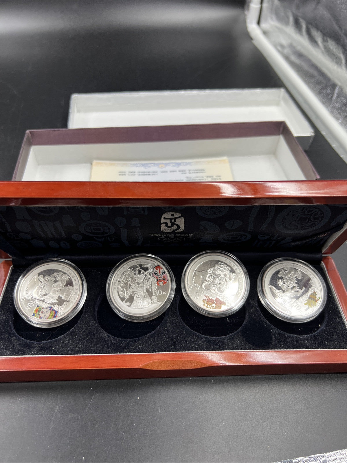 4 Coin 1 Oz Silver 2008 Beijing Olympics Colorized 10 Yuan Coin Wooden Box Set