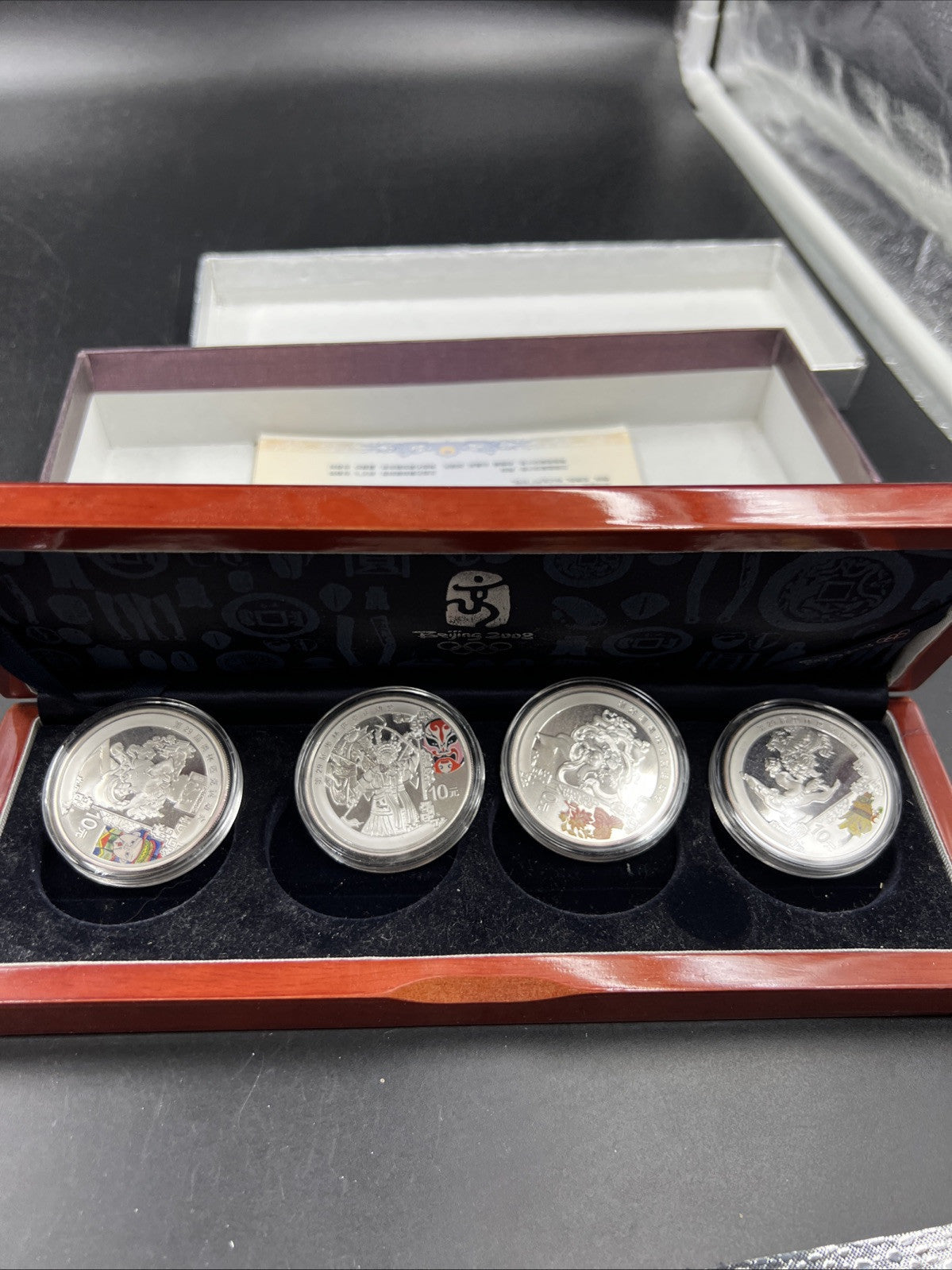 4 Coin 1 Oz Silver 2008 Beijing Olympics Colorized 10 Yuan Coin Wooden Box Set