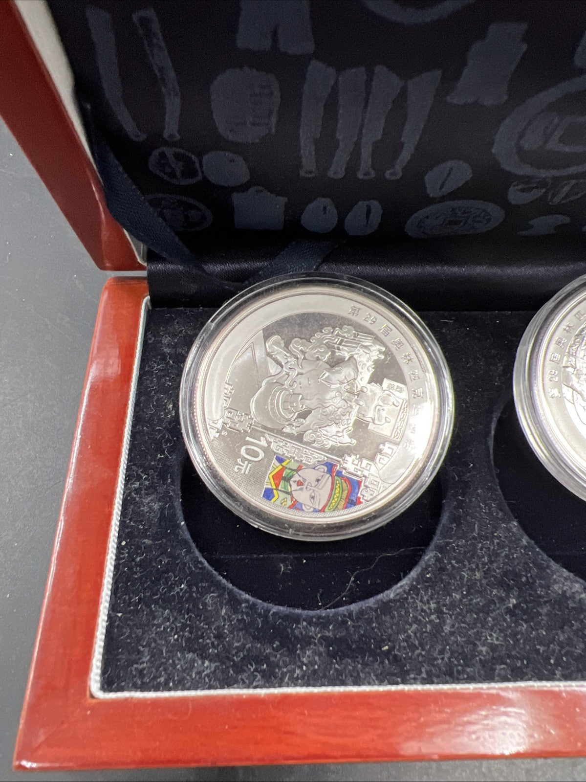 4 Coin 1 Oz Silver 2008 Beijing Olympics Colorized 10 Yuan Coin Wooden Box Set