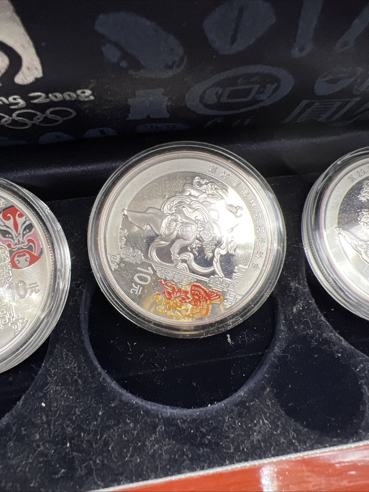4 Coin 1 Oz Silver 2008 Beijing Olympics Colorized 10 Yuan Coin Wooden Box Set
