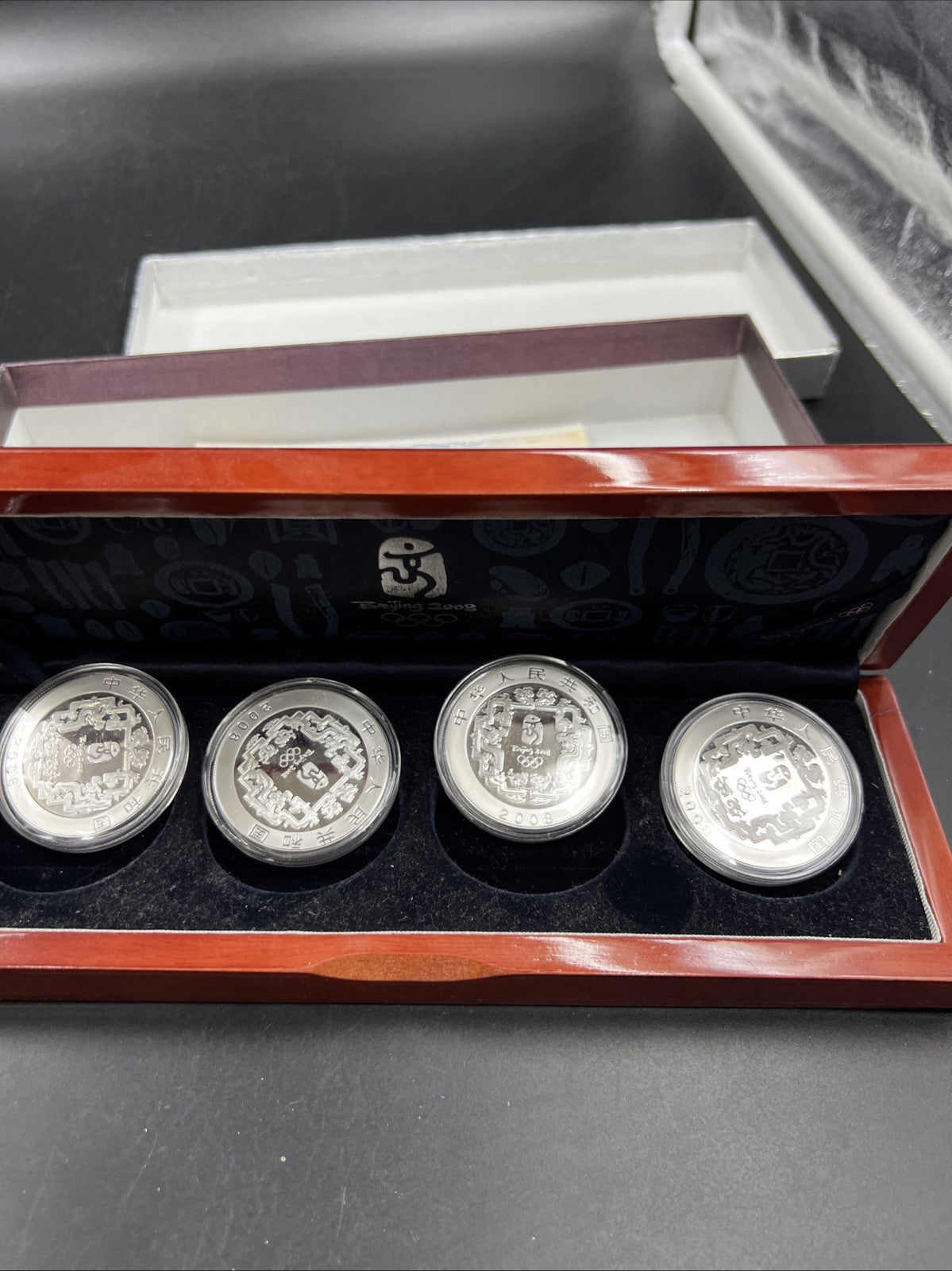 4 Coin 1 Oz Silver 2008 Beijing Olympics Colorized 10 Yuan Coin Wooden Box Set