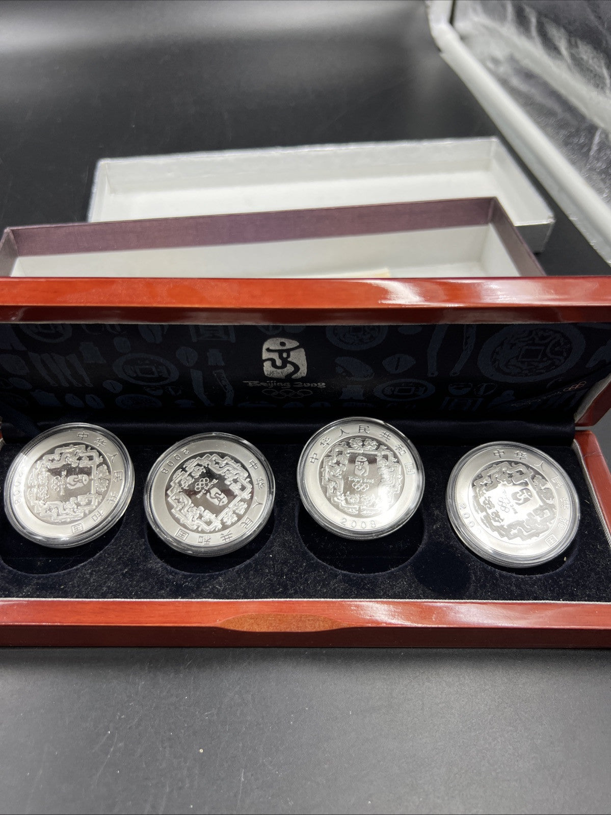 4 Coin 1 Oz Silver 2008 Beijing Olympics Colorized 10 Yuan Coin Wooden Box Set
