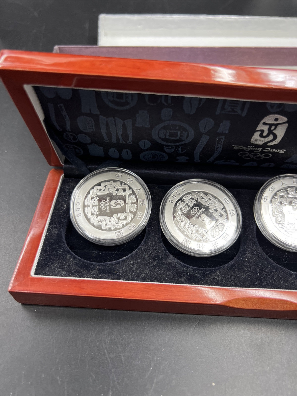 4 Coin 1 Oz Silver 2008 Beijing Olympics Colorized 10 Yuan Coin Wooden Box Set