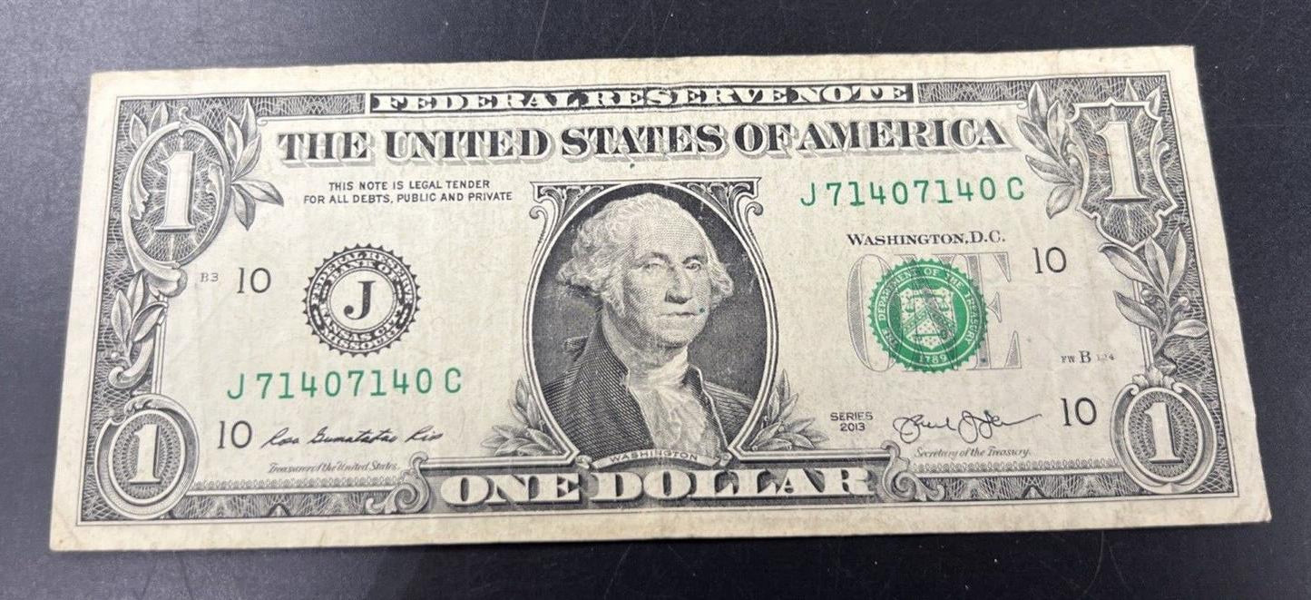 2013 $1 FRN Semi Radar Serial #71407140 Repeat Repeater Federal Reserve Note VG
