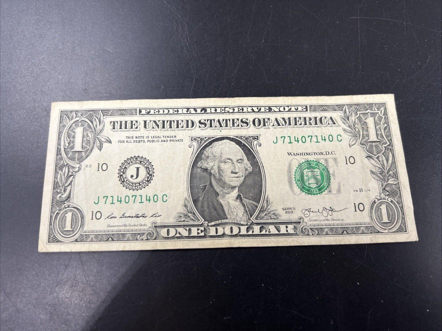 2013 $1 FRN Semi Radar Serial #71407140 Repeat Repeater Federal Reserve Note VG