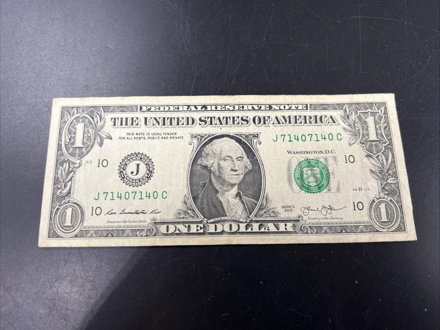 2013 $1 FRN Semi Radar Serial #71407140 Repeat Repeater Federal Reserve Note VG