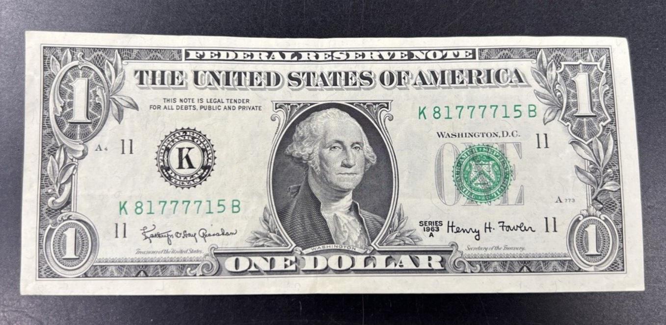 1963 A $1 One Dollar FRN Federal Reserve Note VF Neat Repeat Serial #81777715