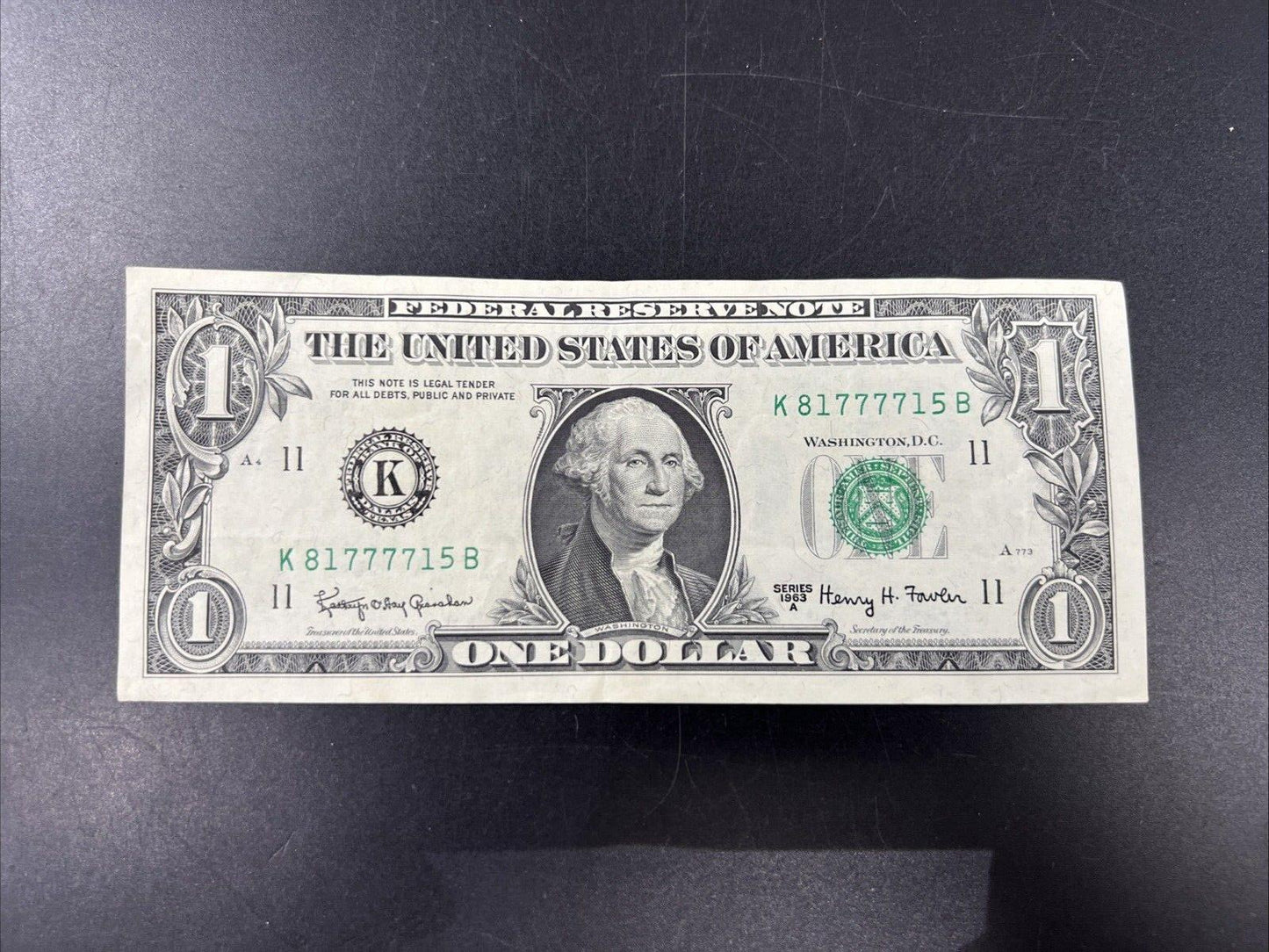 1963 A $1 One Dollar FRN Federal Reserve Note VF Neat Repeat Serial #81777715
