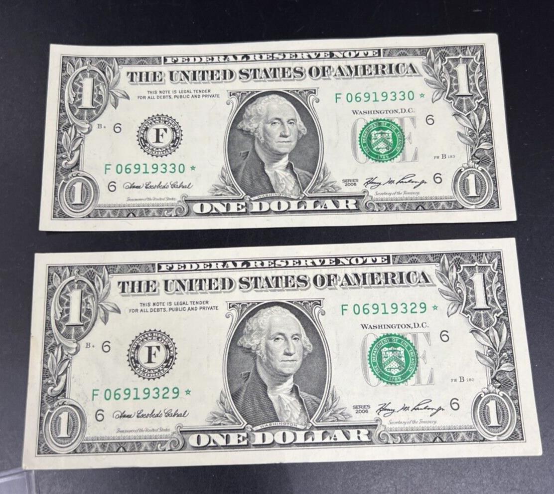 Lot 2 Consecutive * Star Federal Reserve Note 2006 FRN $1 One Dollar Bills CH AU