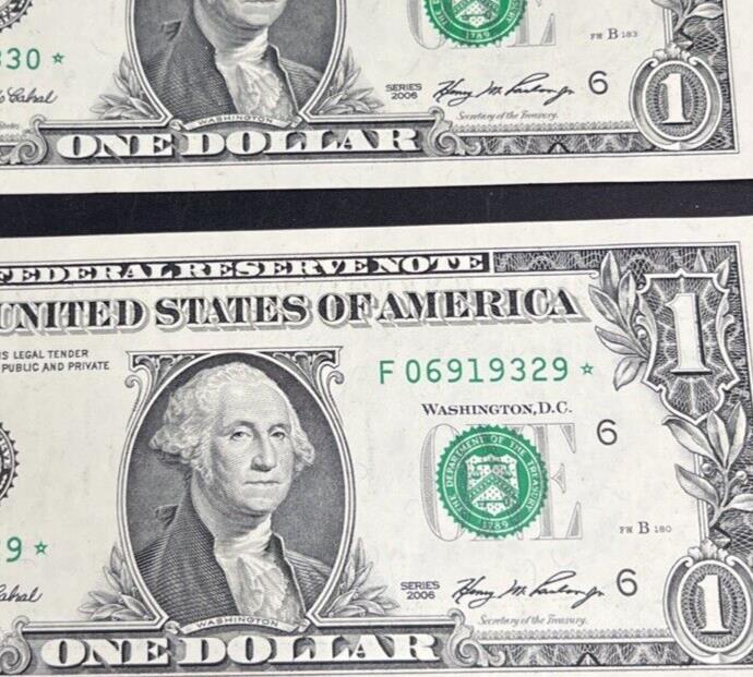 Lot 2 Consecutive * Star Federal Reserve Note 2006 FRN $1 One Dollar Bills CH AU