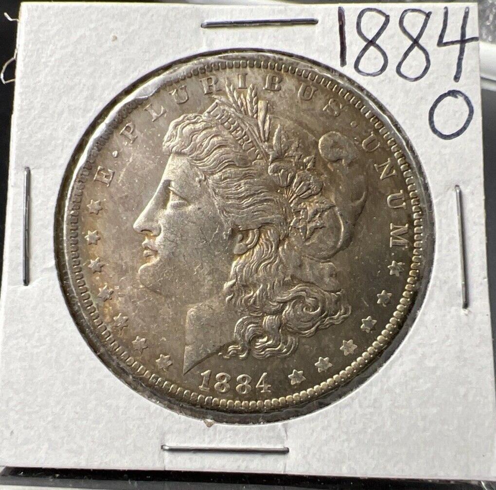1884 O $1 Morgan Silver Dollar Coin AU Details scratch Nice Toning Toner