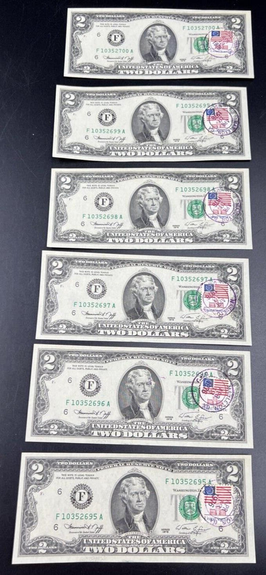 6 Consecutive 1976 Bicentennial Postal FRN Federal Reserve Notes UNC Mableton GA