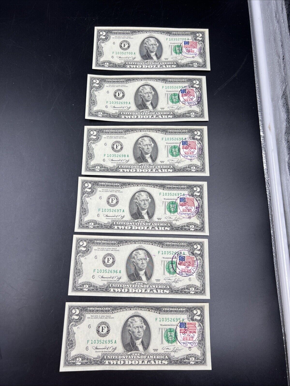 6 Consecutive 1976 Bicentennial Postal FRN Federal Reserve Notes UNC Mableton GA