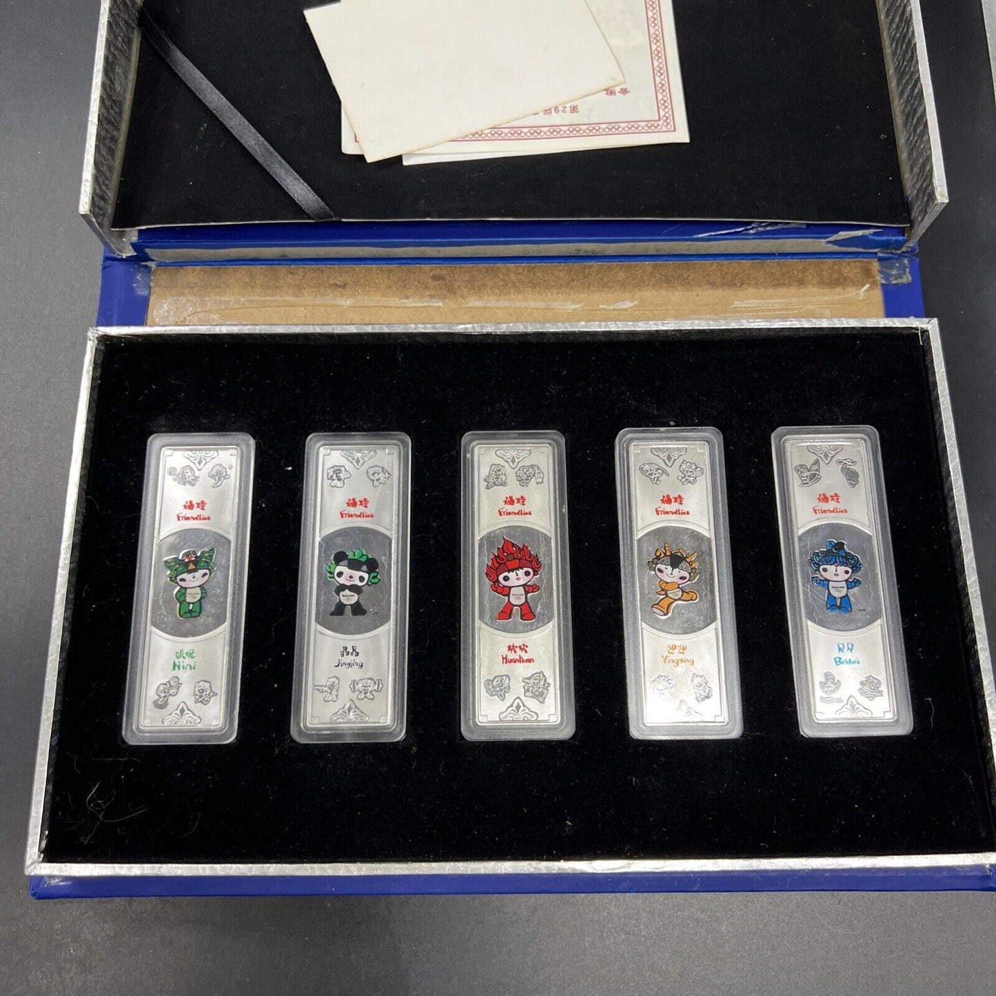 5 40 Gram .999 Silver Beijing 2008 Olympic Games Bar Set in Very Used Box & COA