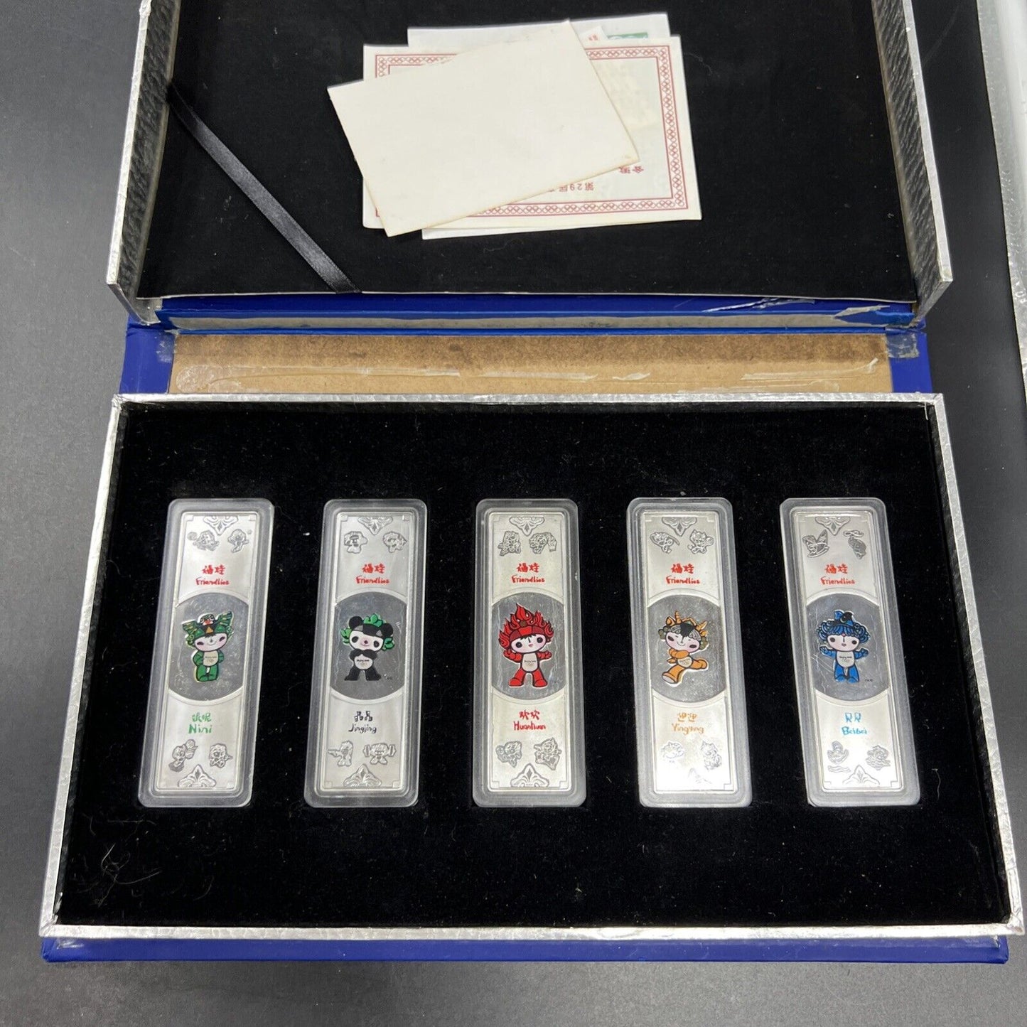 5 40 Gram .999 Silver Beijing 2008 Olympic Games Bar Set in Very Used Box & COA