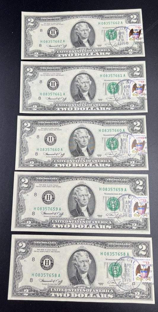 5 Consecutive 1976 Bicentennial Postal FRN Federal Reserve Notes UNC Union City
