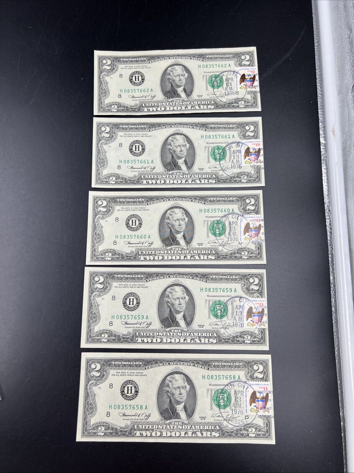 5 Consecutive 1976 Bicentennial Postal FRN Federal Reserve Notes UNC Union City