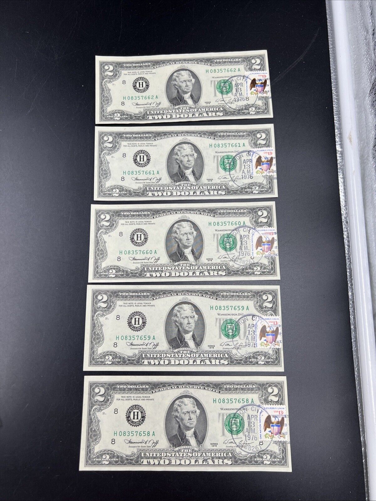 5 Consecutive 1976 Bicentennial Postal FRN Federal Reserve Notes UNC Union City