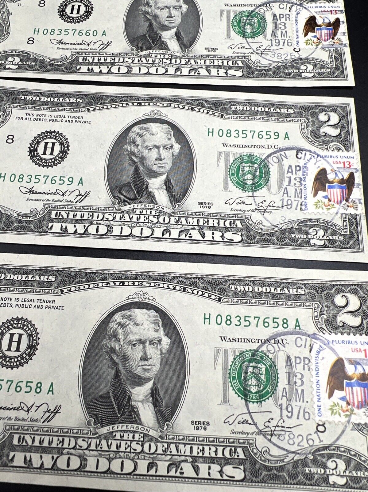 5 Consecutive 1976 Bicentennial Postal FRN Federal Reserve Notes UNC Union City