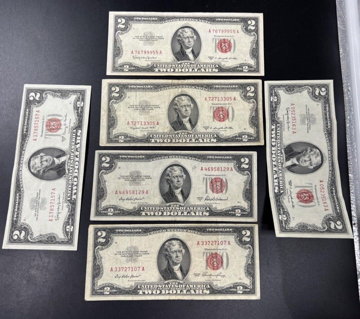 6 NOTE SET 1953 + A B C & 1963 +A $2 Red Seal Legal Tender Currency Bills Circ A
