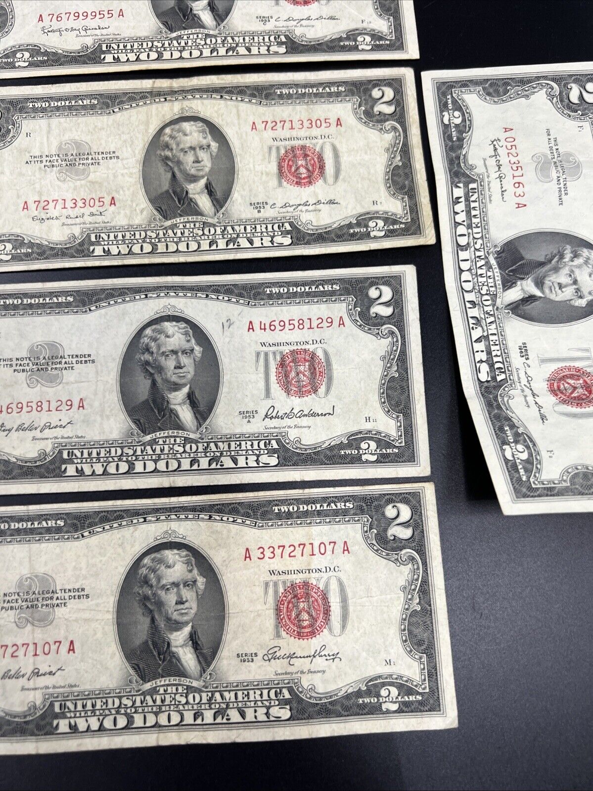 6 NOTE SET 1953 + A B C & 1963 +A $2 Red Seal Legal Tender Currency Bills Circ A