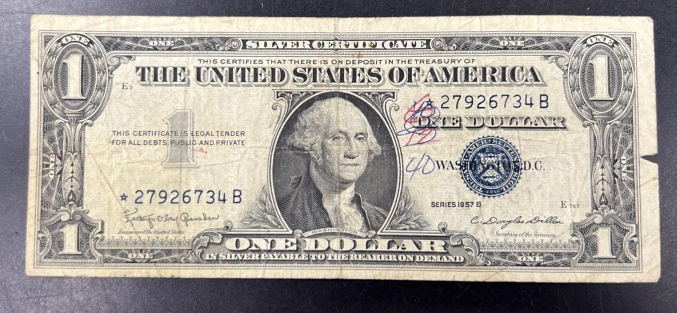1957 * B $1 Star Note Blue Seal Silver Certificate Very Circulated #34B