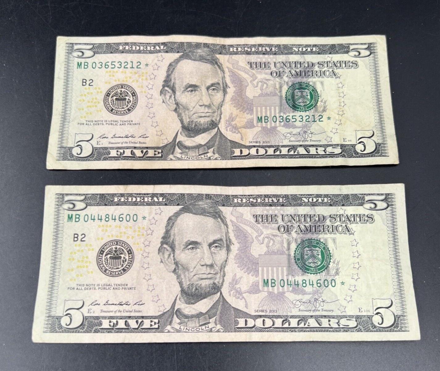 Lot of 2 2013 * Star $5 FRN Federal Reserve Notes Circulated #600