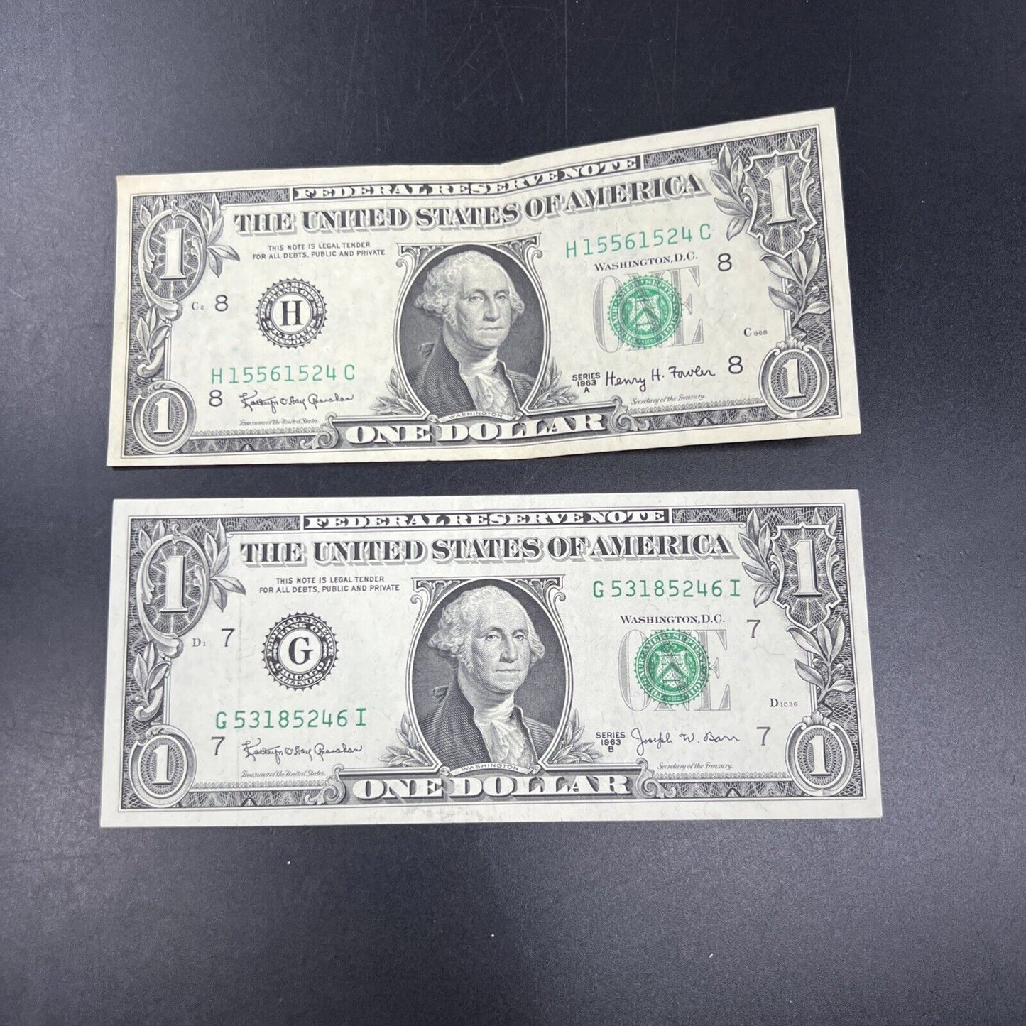 2 Note Set 1963 A & 1963 B Fowler & Barr FRN $1 One Dollar Bills VF Circ #46I
