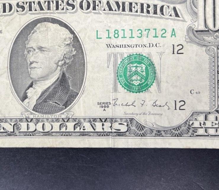 1986 $10 FRN Federal Reserve Note VG Bill Circulated Neat Serial #