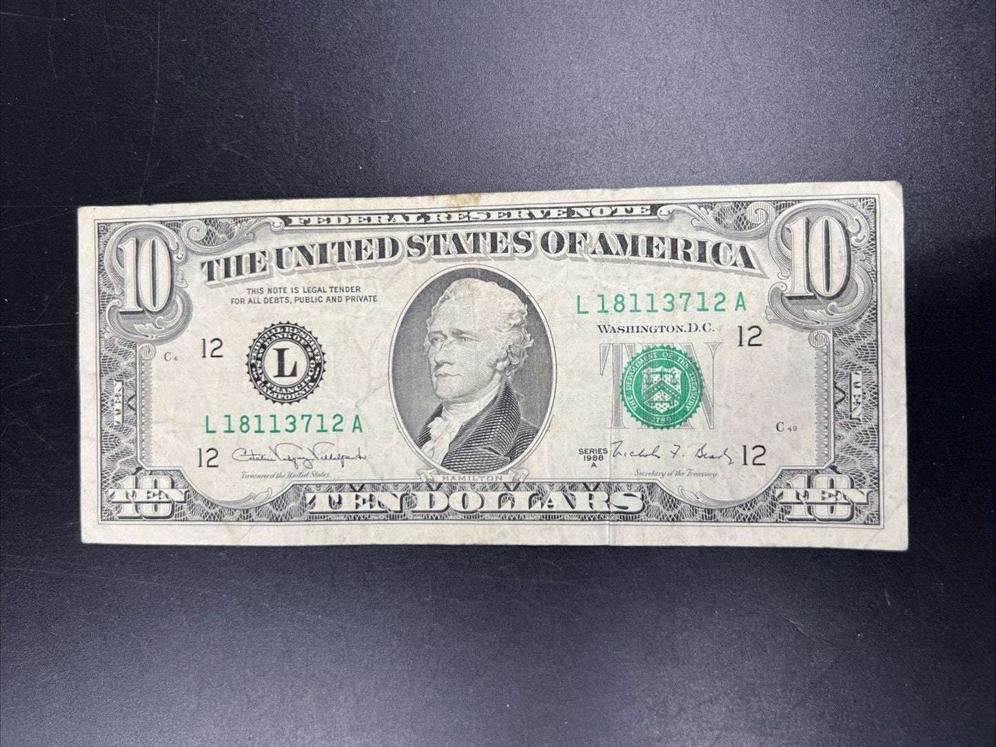 1986 $10 FRN Federal Reserve Note VG Bill Circulated Neat Serial #