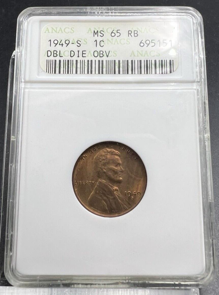 1949 S 1c Lincoln Wheat Cent Penny Coin ANACS DDO Double Die Obverse MS65 RB