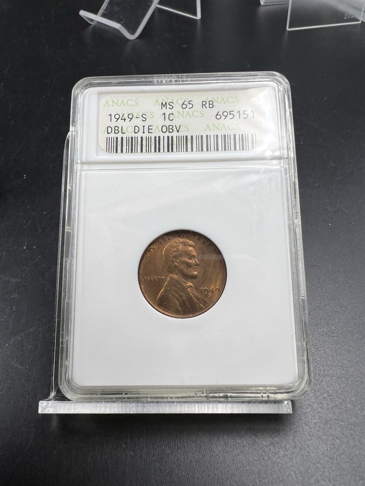 1949 S 1c Lincoln Wheat Cent Penny Coin ANACS DDO Double Die Obverse MS65 RB