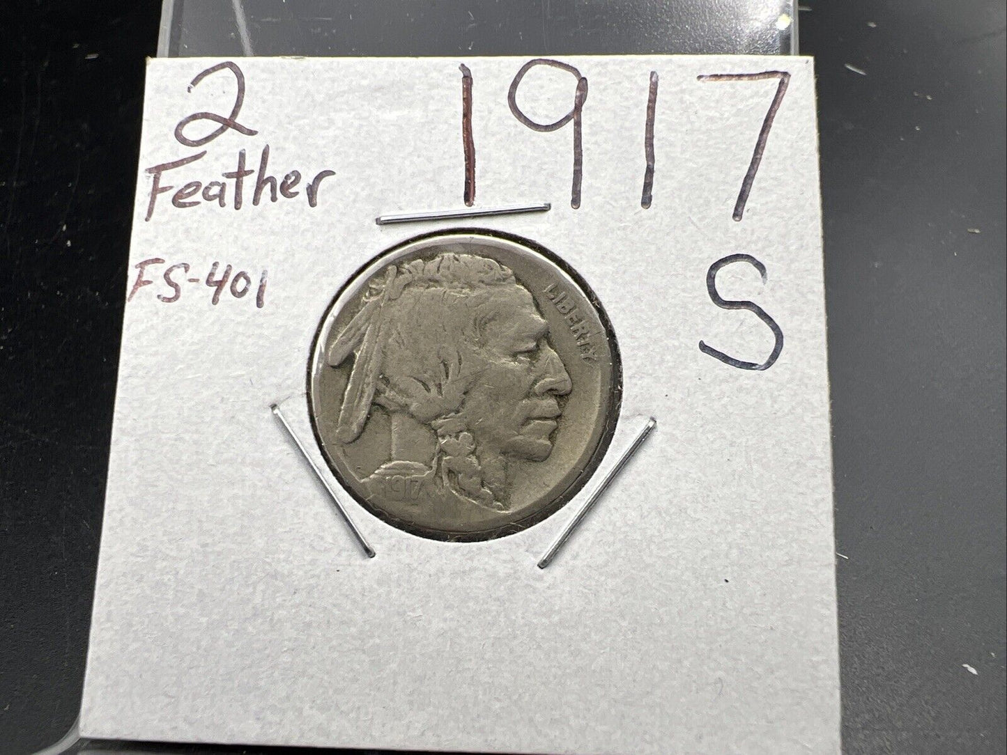 1917 S 5c Buffalo Nickel Coin FS-401 Two Feathers Variety CH VG / Fine Circ