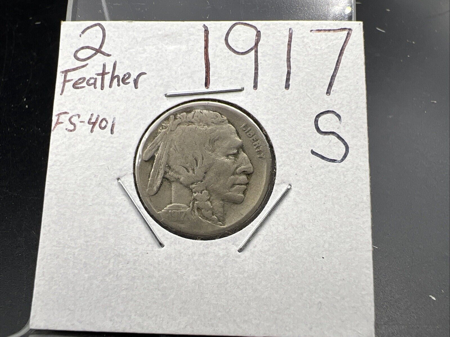 1917 S 5c Buffalo Nickel Coin FS-401 Two Feathers Variety CH VG / Fine Circ