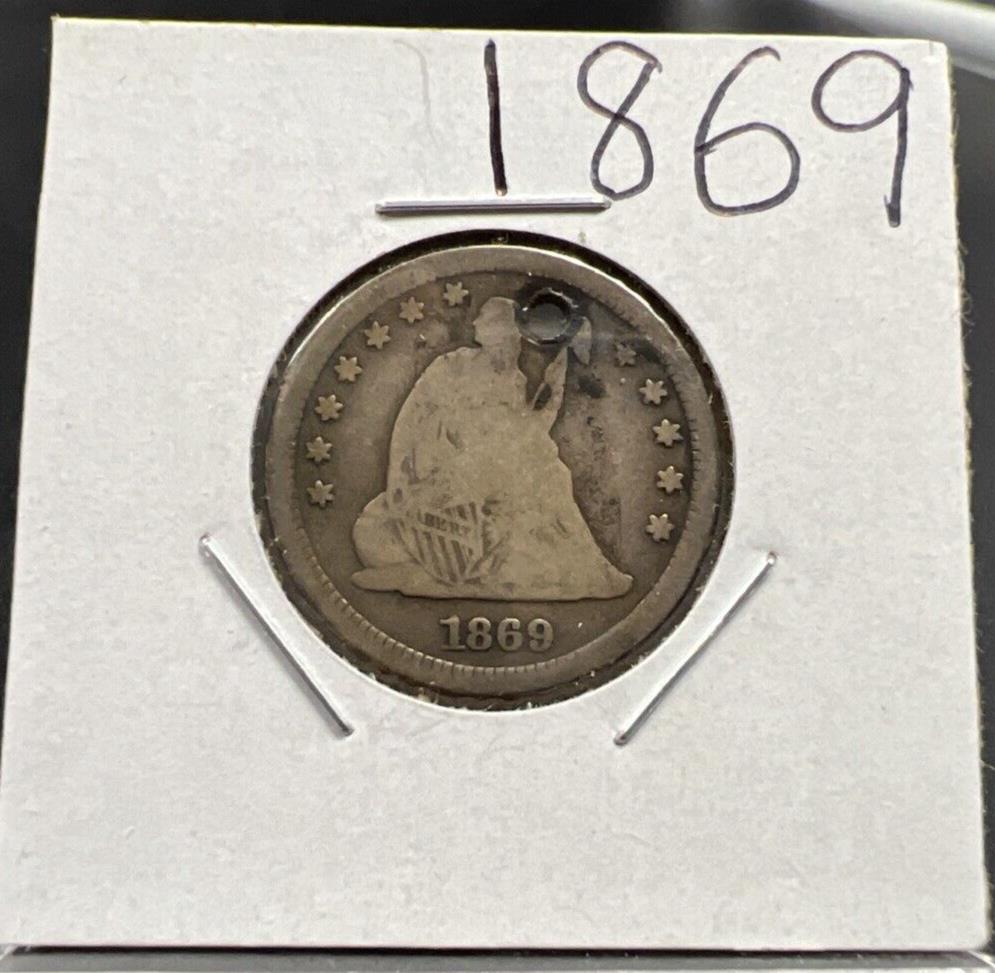 1869 P 25c Liberty Seated Quarter Coin VG Details HOLED - Key Date