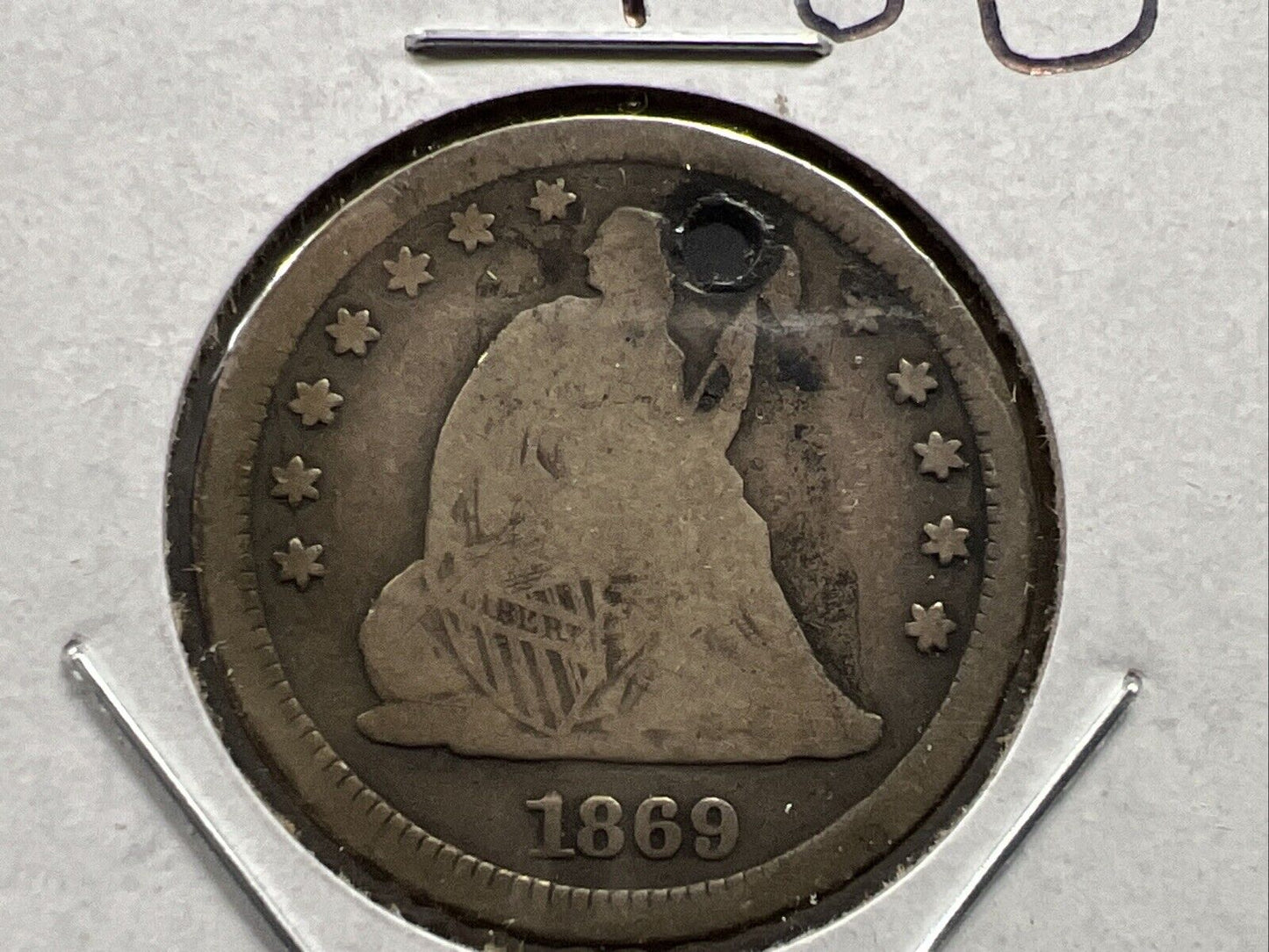 1869 P 25c Liberty Seated Quarter Coin VG Details HOLED - Key Date