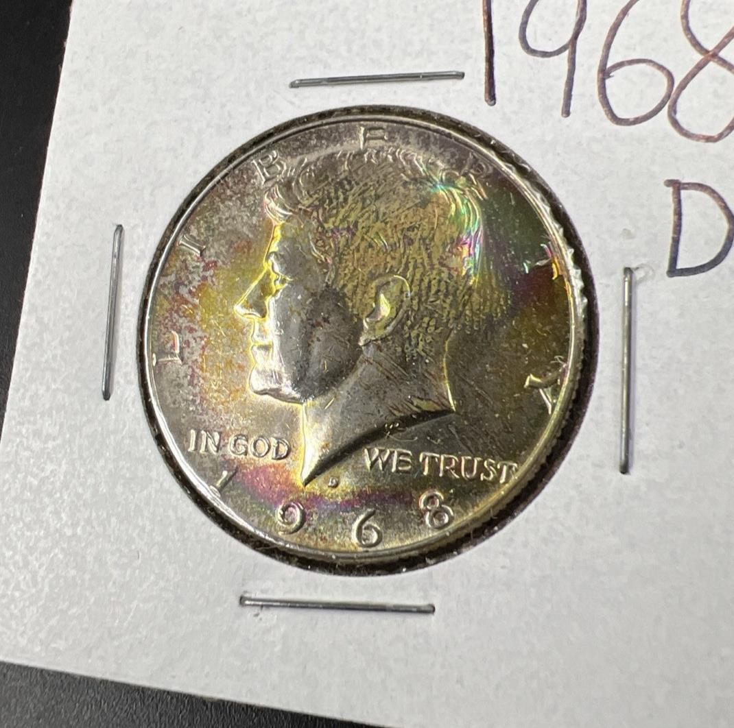 1968 D 50c Kennedy 40% Silver Coin AU Details AT Neat AT Toner